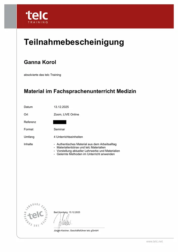 telc Teilnahmebescheinigung Materialien Medizin