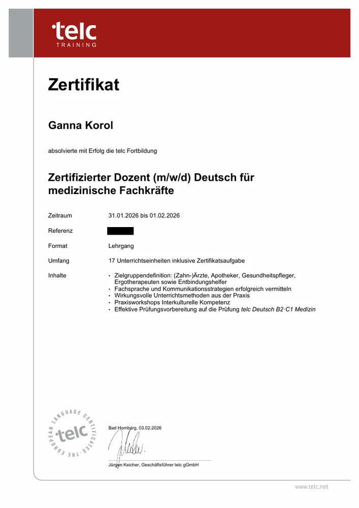 telc Zertifikat Deutsch für medizinische Fachkräfte