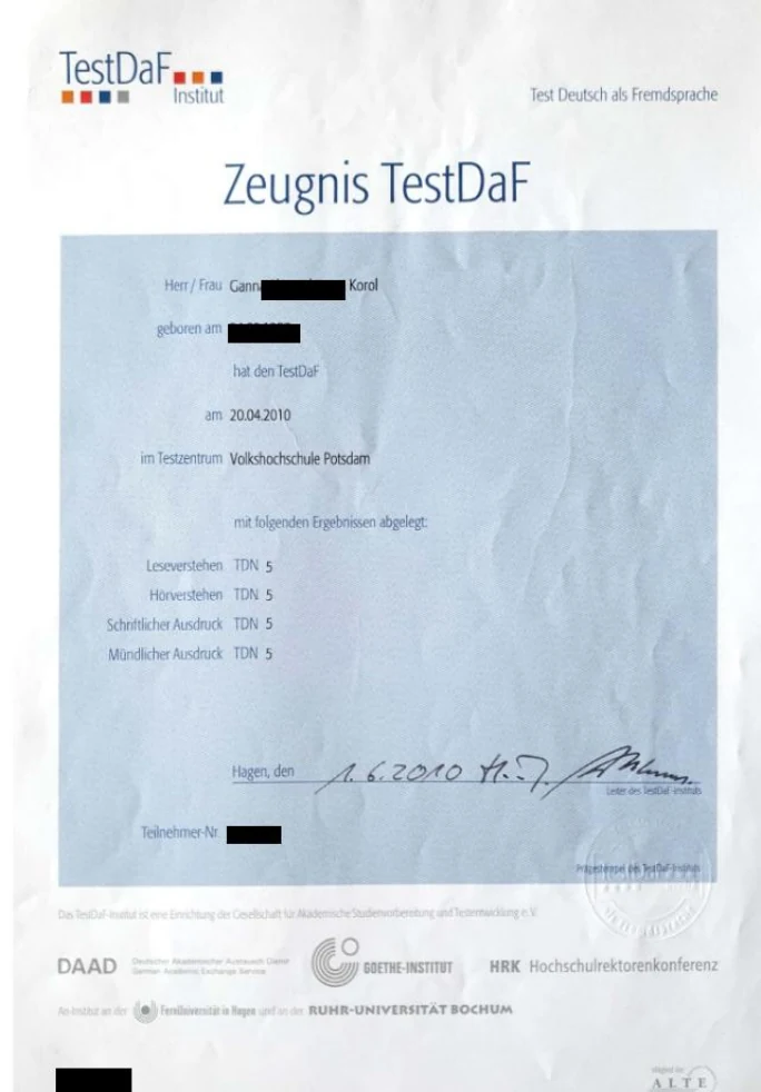 TestDaF-Zeugnis TDN 5